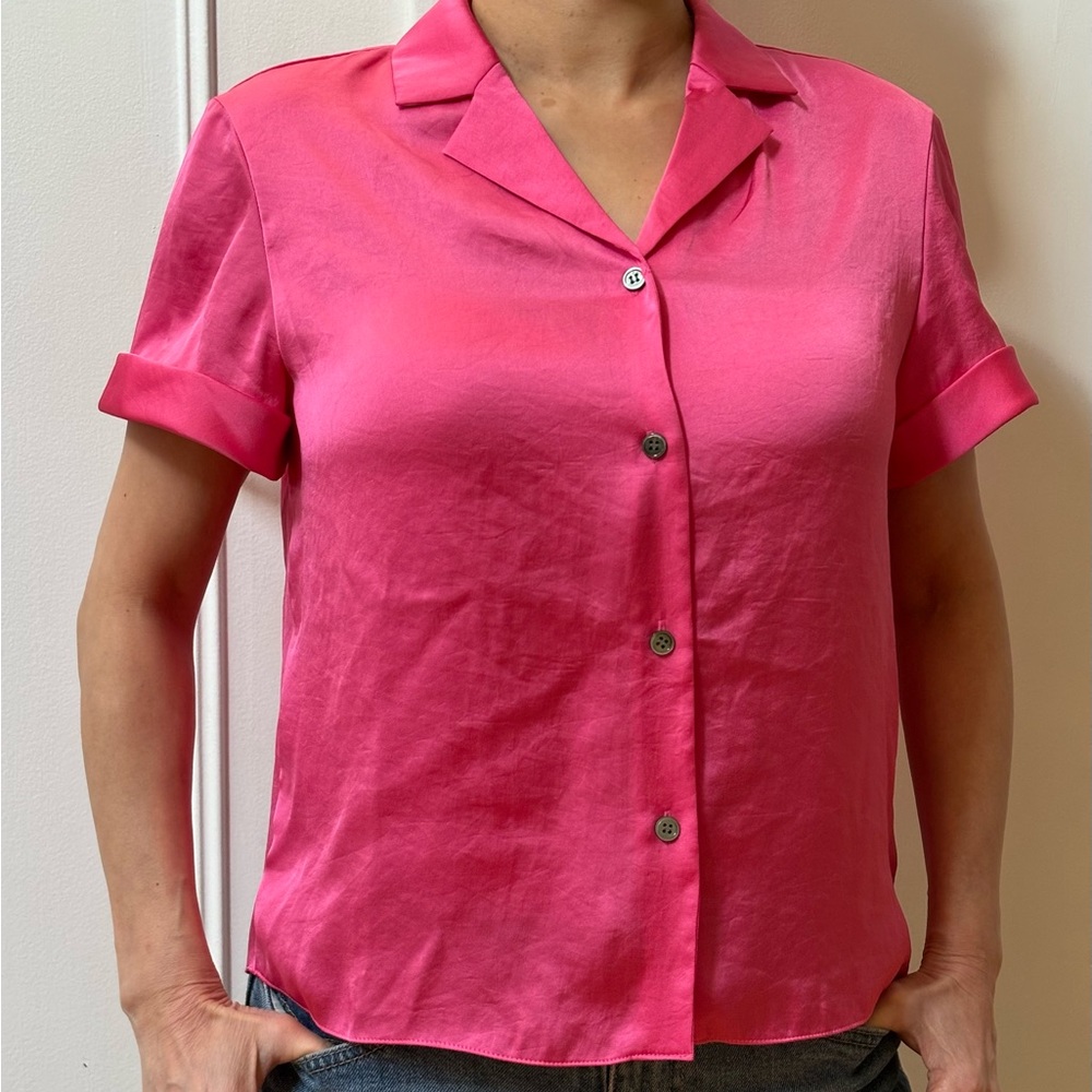 Theory Pink Satin Button-Up Blouse S